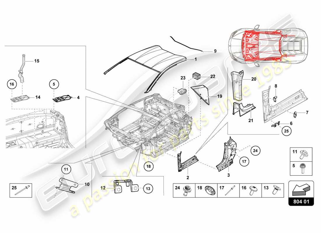 lamborghini performante coupe (2018) roof parts diagram