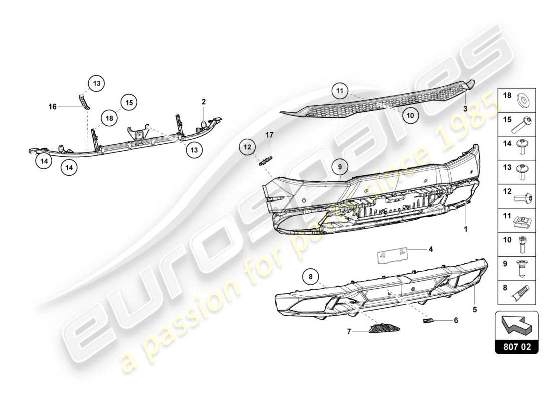 lamborghini lp610-4 coupe (2019) bumper, complete parts diagram