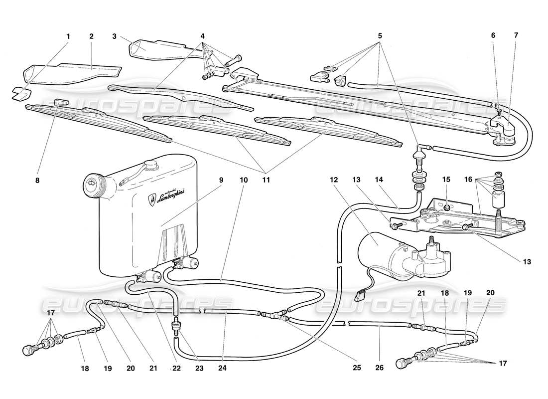 lamborghini diablo sv (1997) windscreen wiper and headlamp washers part diagram