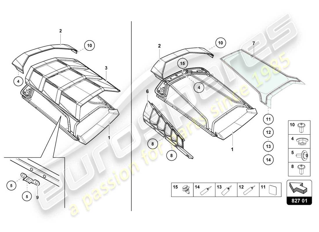 lamborghini evo coupe (2020) engine cover with insp. cover parts diagram