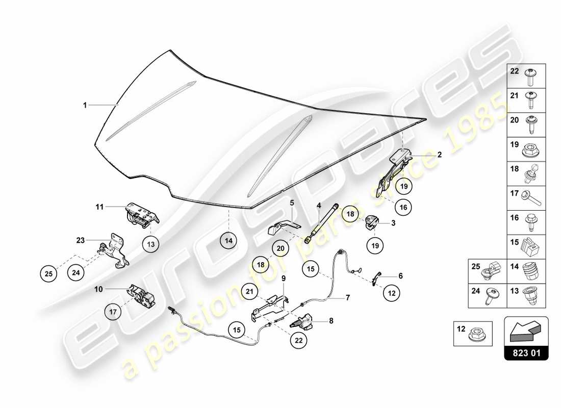 lamborghini performante spyder (2019) bonnet parts diagram