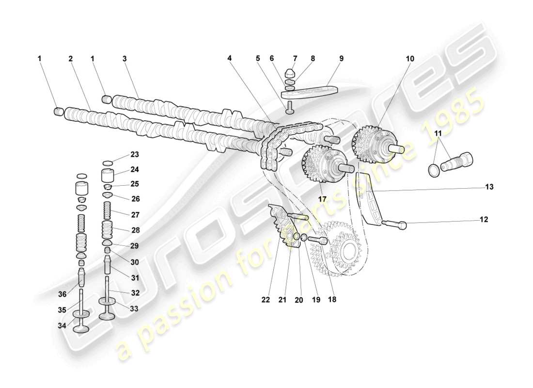 lamborghini murcielago coupe (2005) camshaft, valves left parts diagram