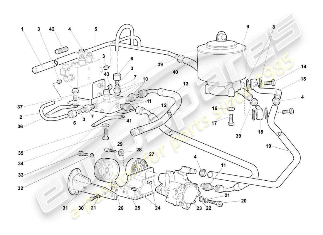 lamborghini murcielago coupe (2004) hydraulic system and fluid container with connect. pieces part diagram