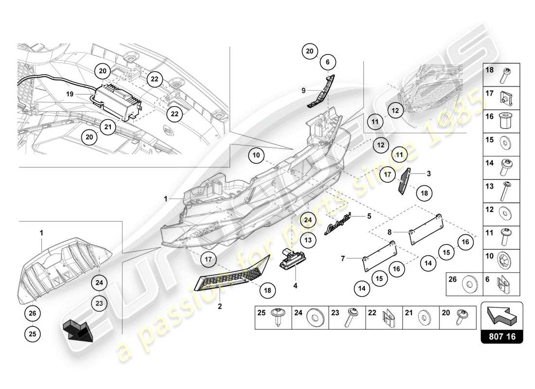lamborghini lp740-4 s coupe (2018) bumper, complete rear parts diagram