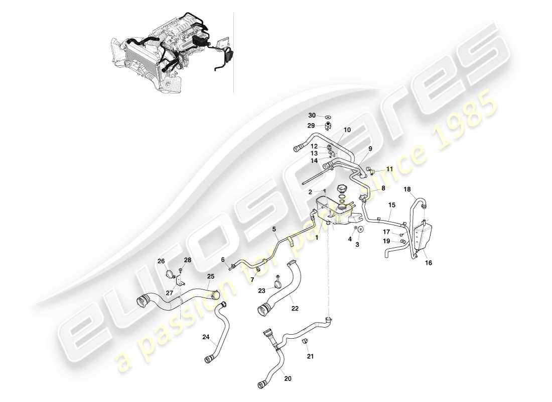 aston martin v8 vantage (2005) coolant hoses & reservoir part diagram