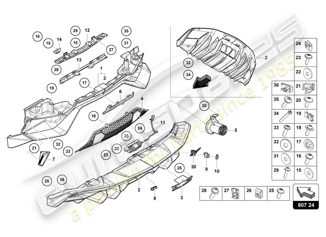 lamborghini lp770-4 svj coupe (2019) bumper, complete rear parts diagram