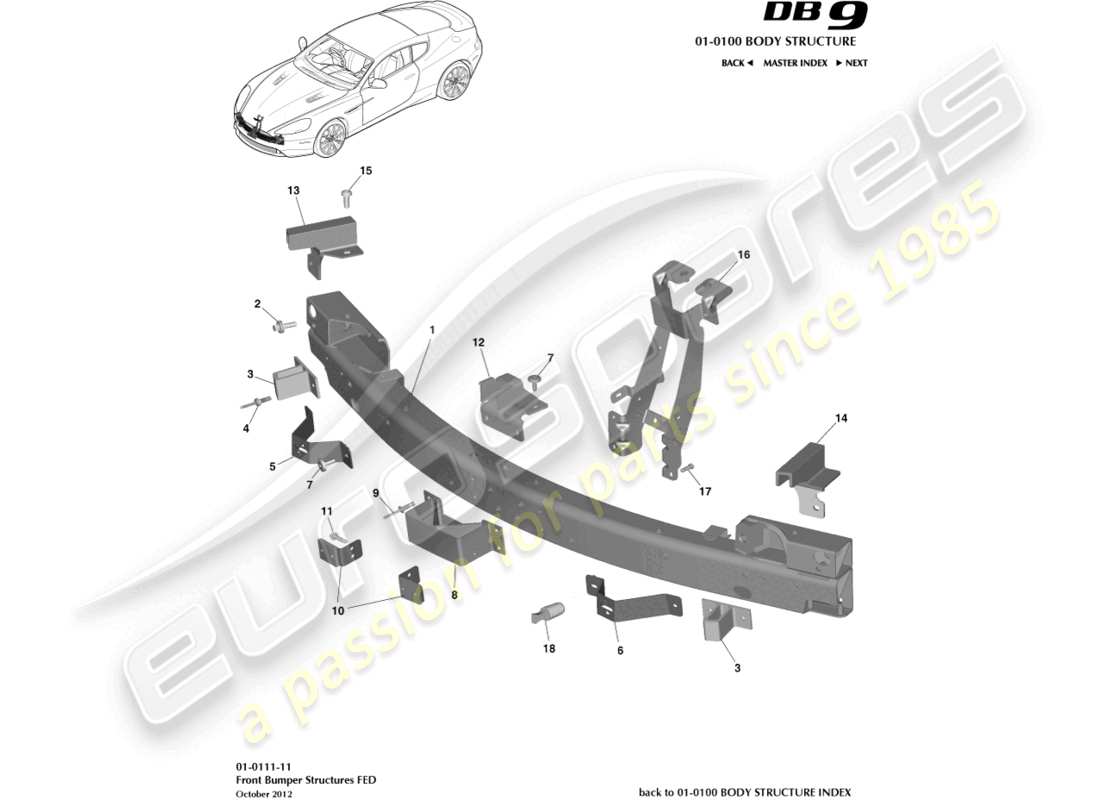 aston martin db9 (2014) front bumper structure, federal part diagram