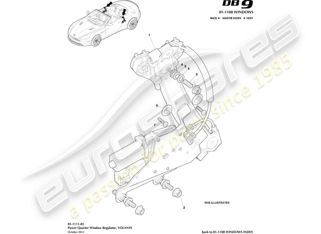 aston martin db9 (2015) rear quarter window regulator, volante part diagram