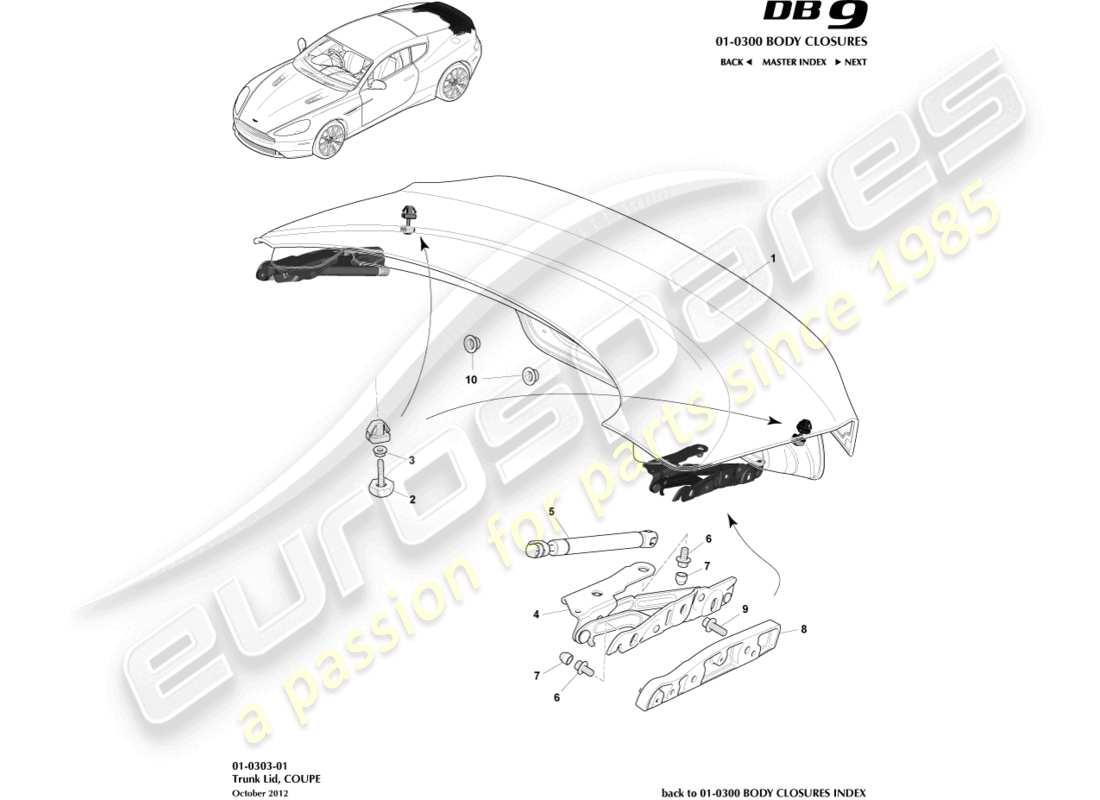 aston martin db9 (2014) trunk lid & hinge, coupe part diagram