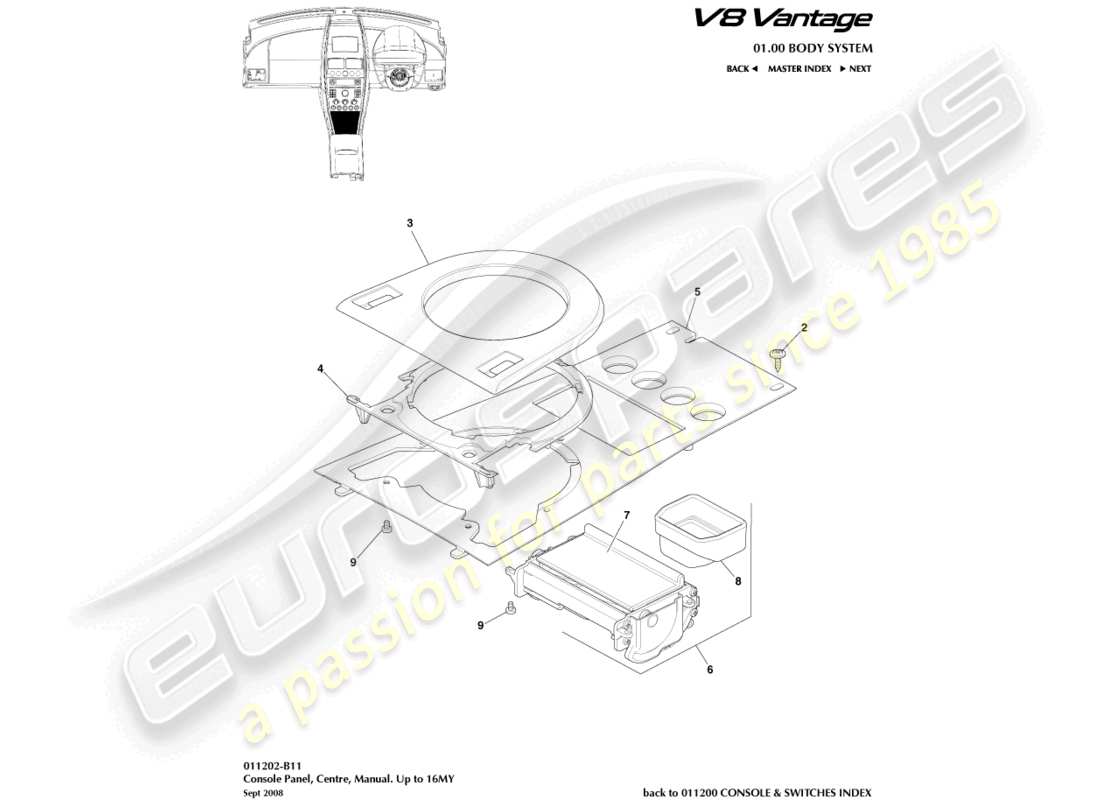 aston martin v8 vantage (2016) front console, manual, to 16my part diagram