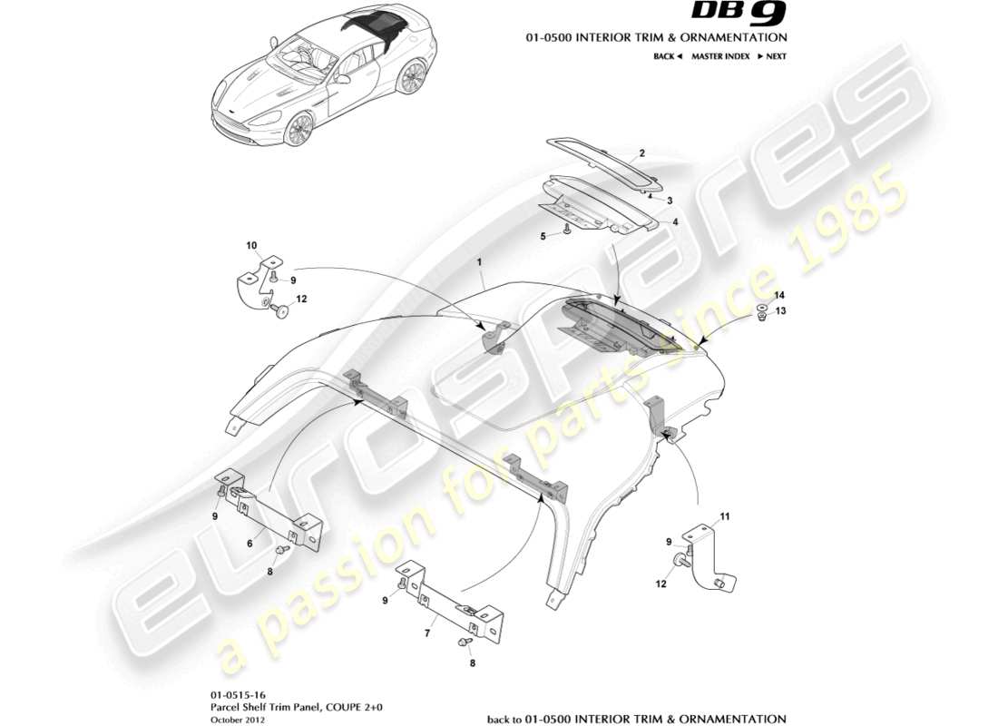 aston martin db9 (2014) parcel shelf trim panel, 2+0 coupe part diagram