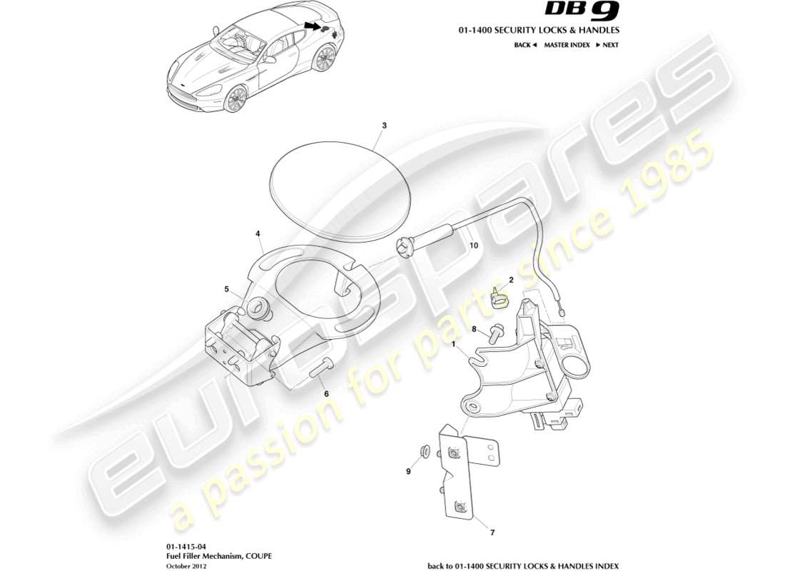 aston martin db9 (2014) fuel filler mechanism, coupe part diagram