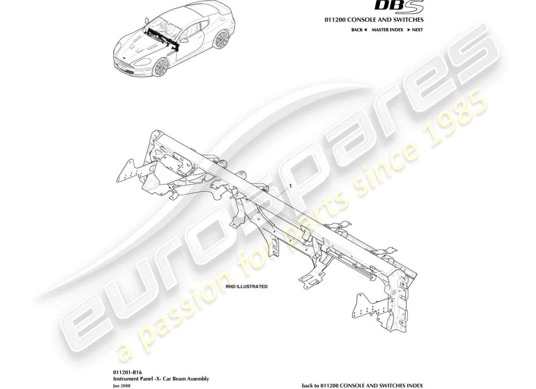 aston martin dbs (2007) ip cross beam parts diagram