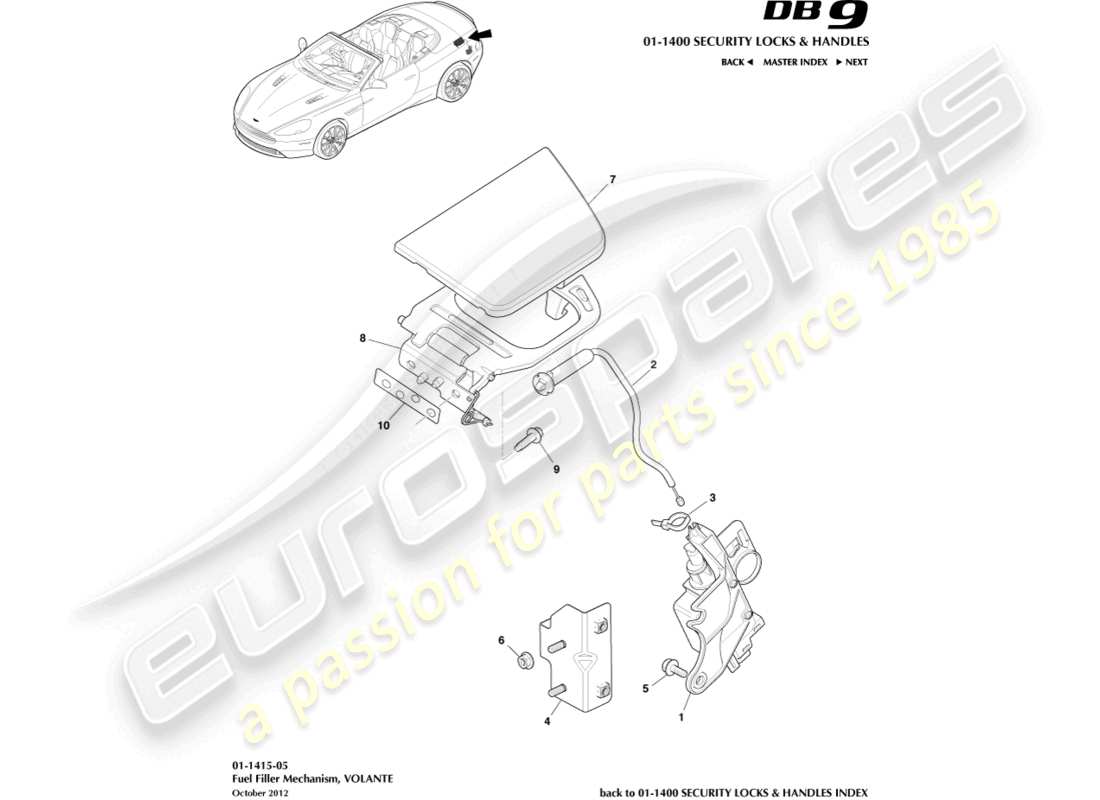 aston martin db9 (2014) fuel filler mechanism, volante part diagram