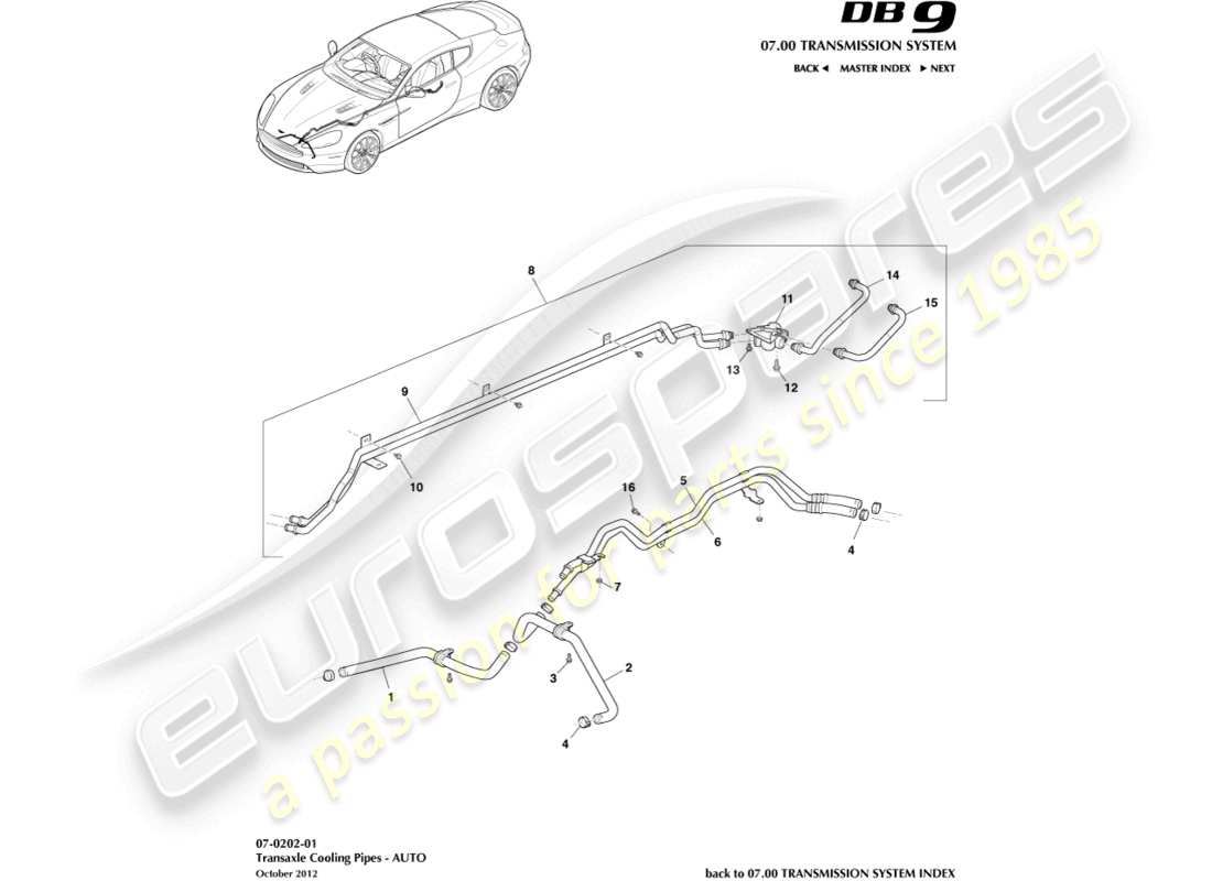 aston martin db9 (2015) transmission oil cooler pipes part diagram