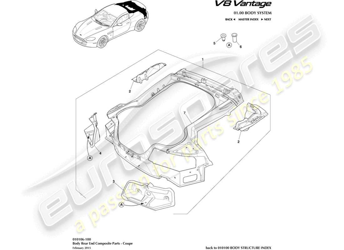 aston martin v8 vantage (2014) body rear end composite, coupe part diagram