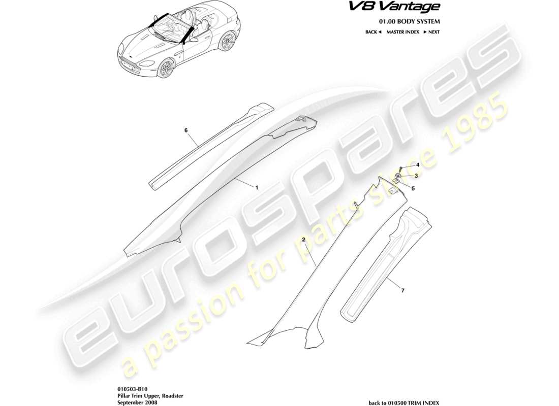 aston martin v8 vantage (2009) pillar trim, upper, roadster part diagram