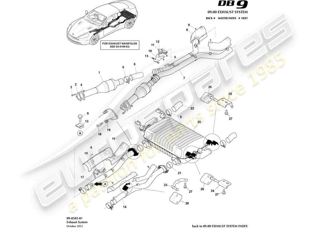 aston martin db9 (2014) exhaust system part diagram