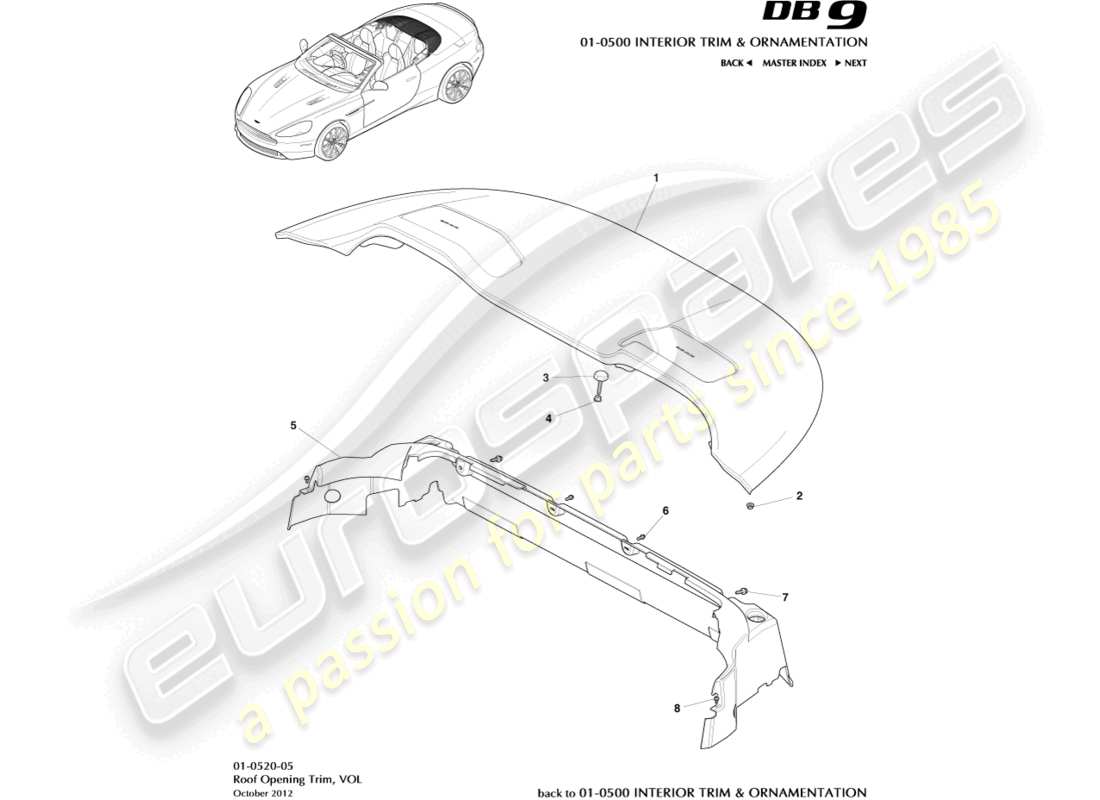 aston martin db9 (2014) roof opening trim, volante part diagram