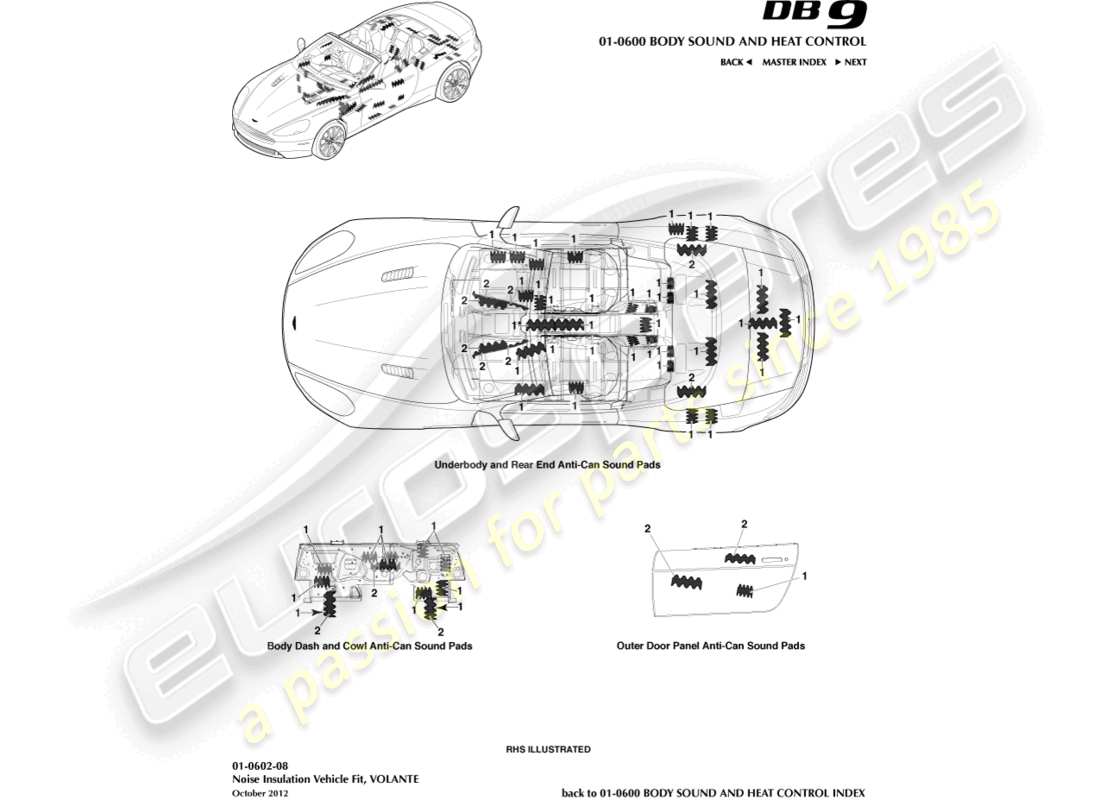 aston martin db9 (2014) noise insulation, volante part diagram