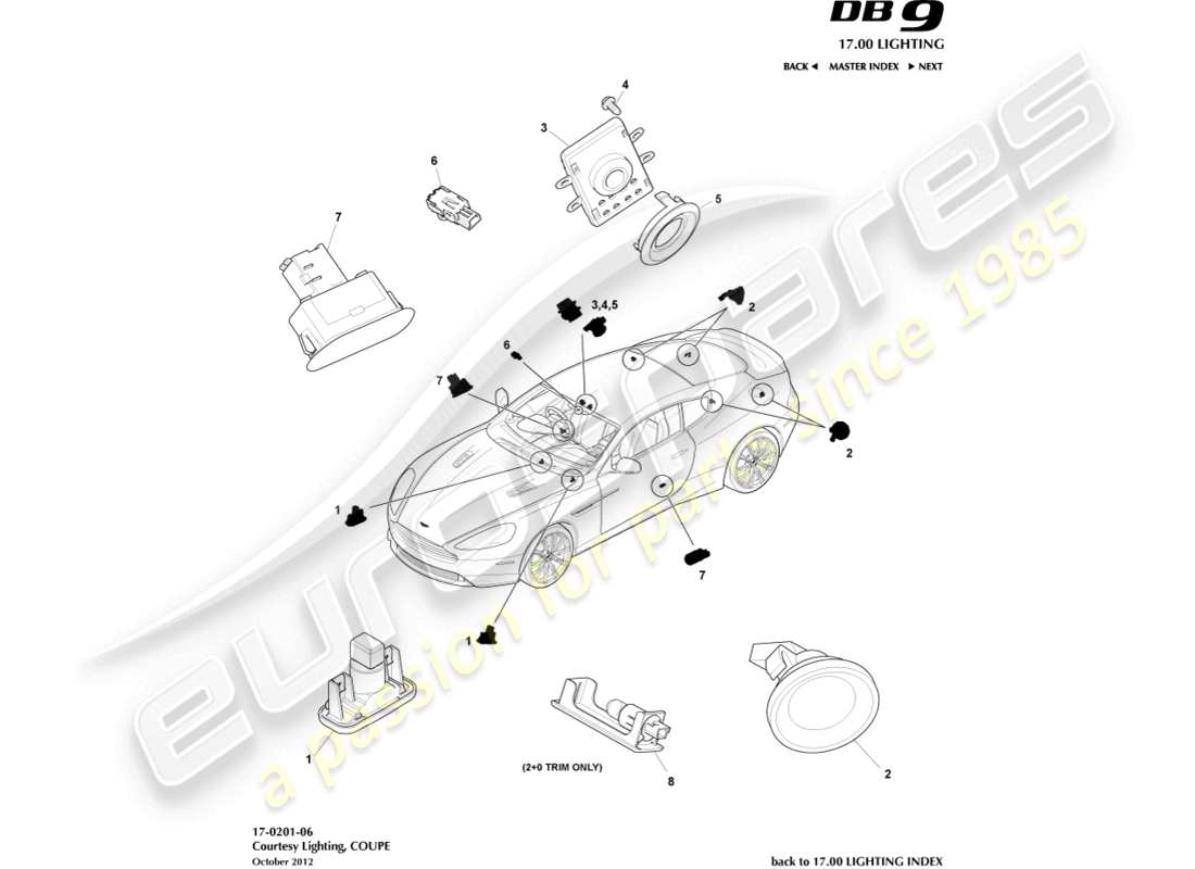 aston martin db9 (2014) courtesy lighting, coupe part diagram