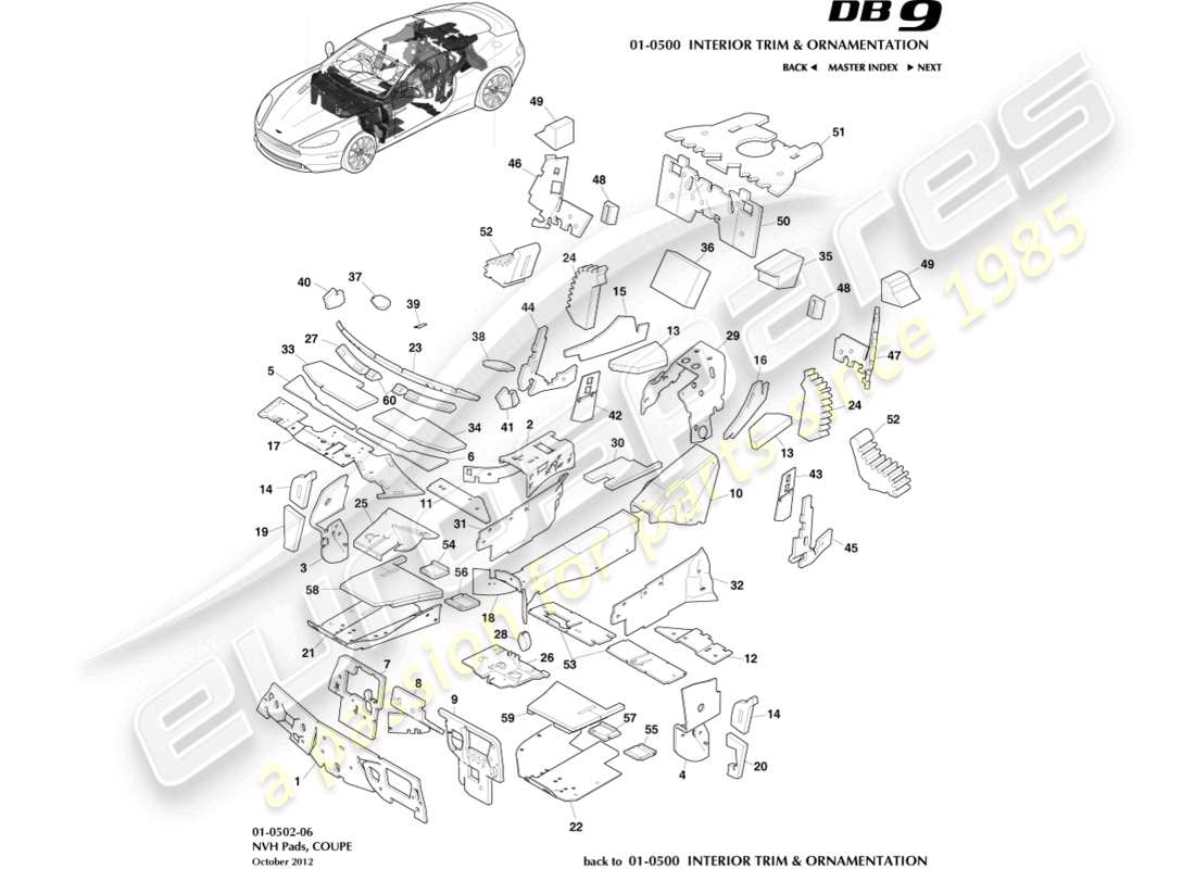 aston martin db9 (2014) nvh pads, coupe part diagram