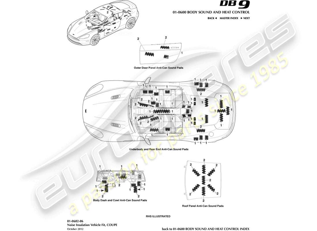 aston martin db9 (2014) noise insulation, coupe part diagram