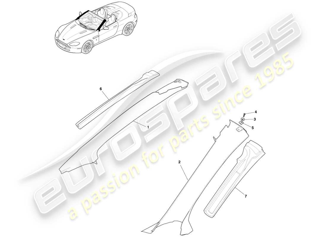 aston martin v8 vantage (2005) pillar trim, upper, roadster part diagram