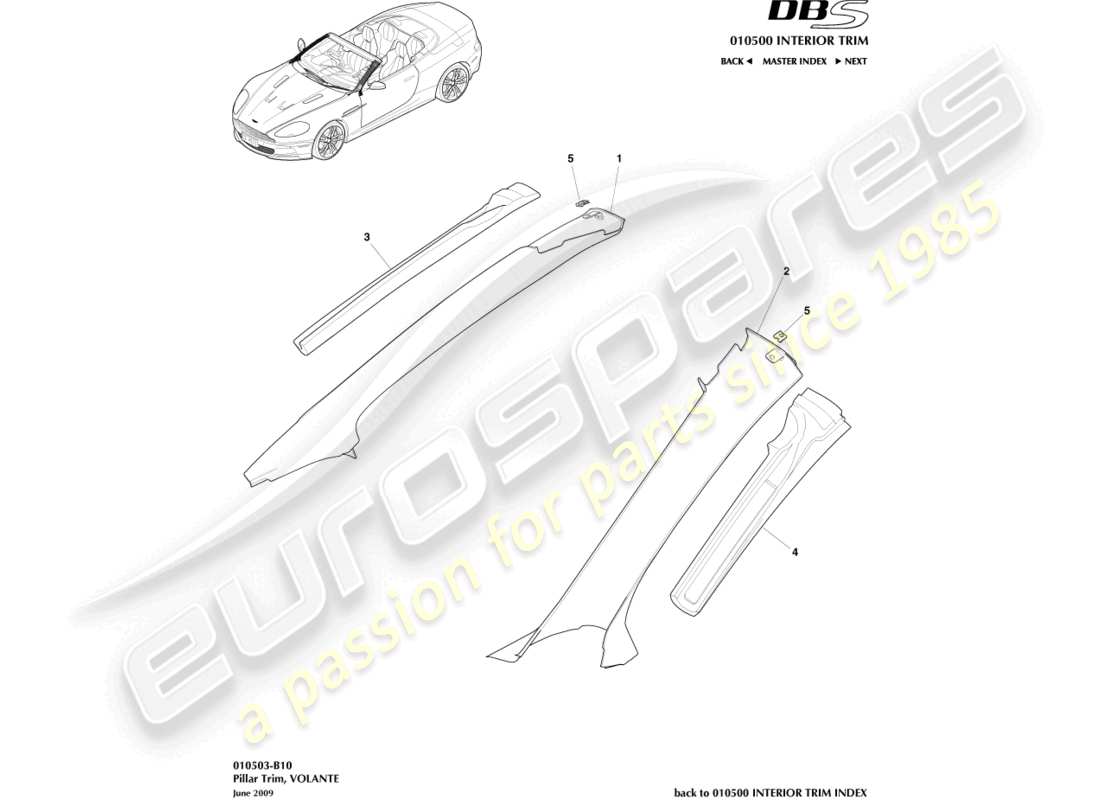 aston martin dbs (2007) pillar trim, upper, volante parts diagram