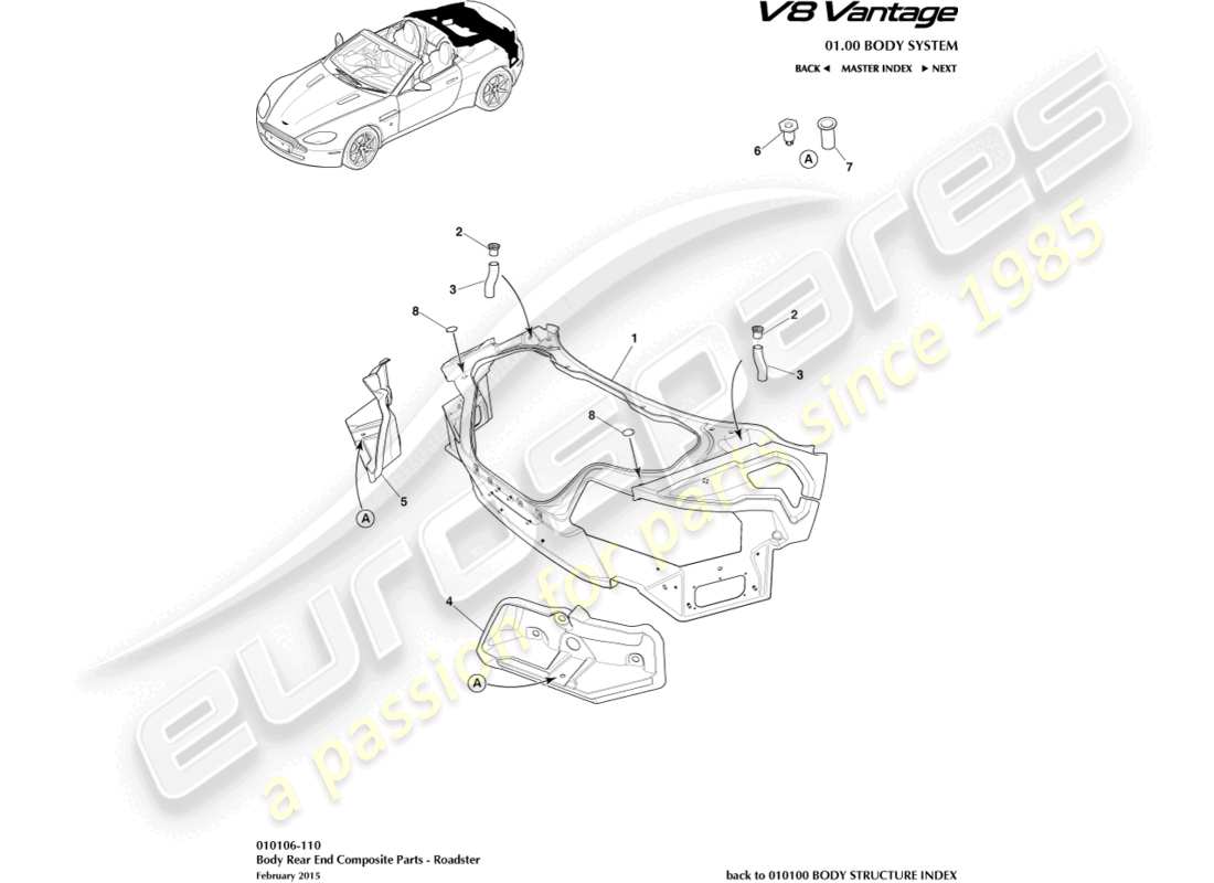 aston martin v8 vantage (2013) body rear end composite, roadster part diagram