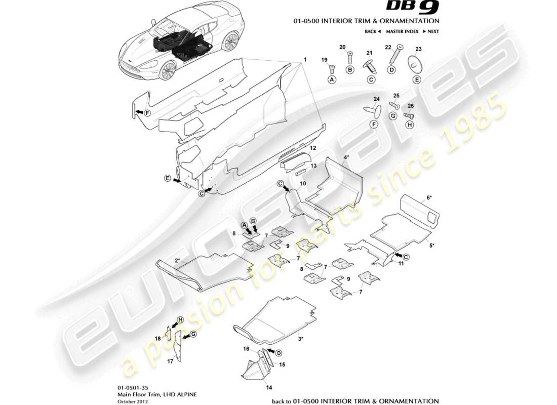 aston martin db9 (2014) main floor trim, lhd, alpine part diagram