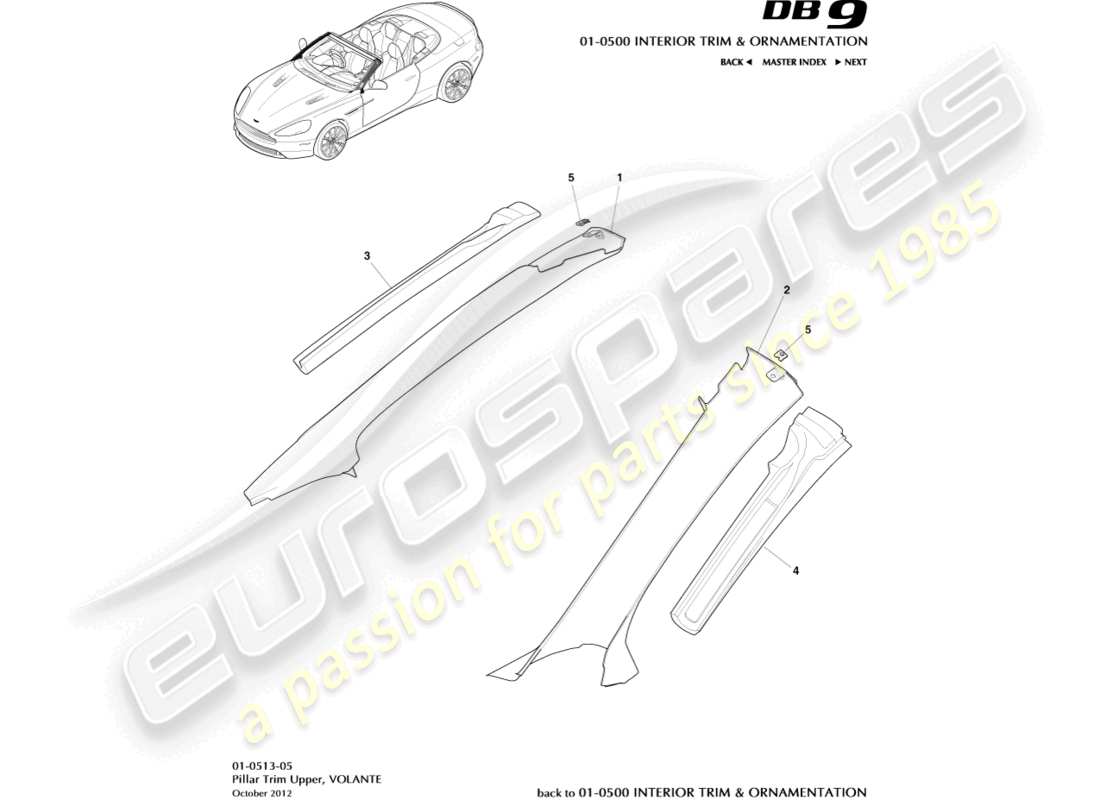 aston martin db9 (2014) pillar trim, upper, volante part diagram