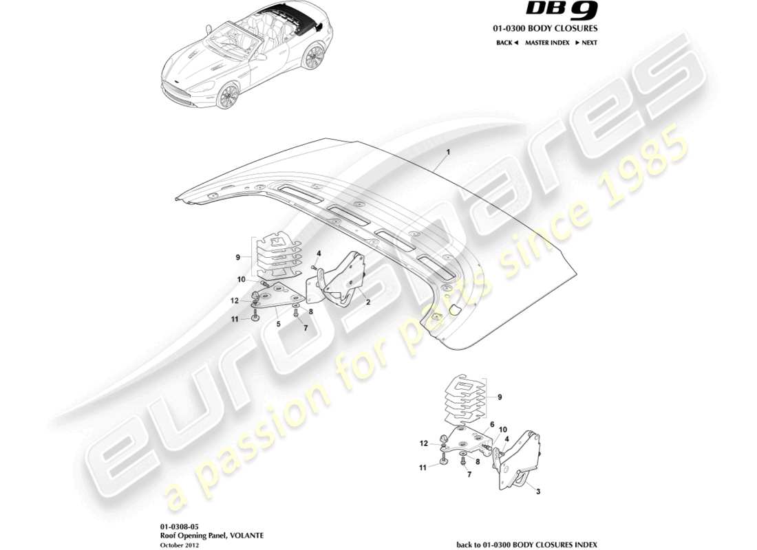 aston martin db9 (2014) roof opening panel, volante part diagram