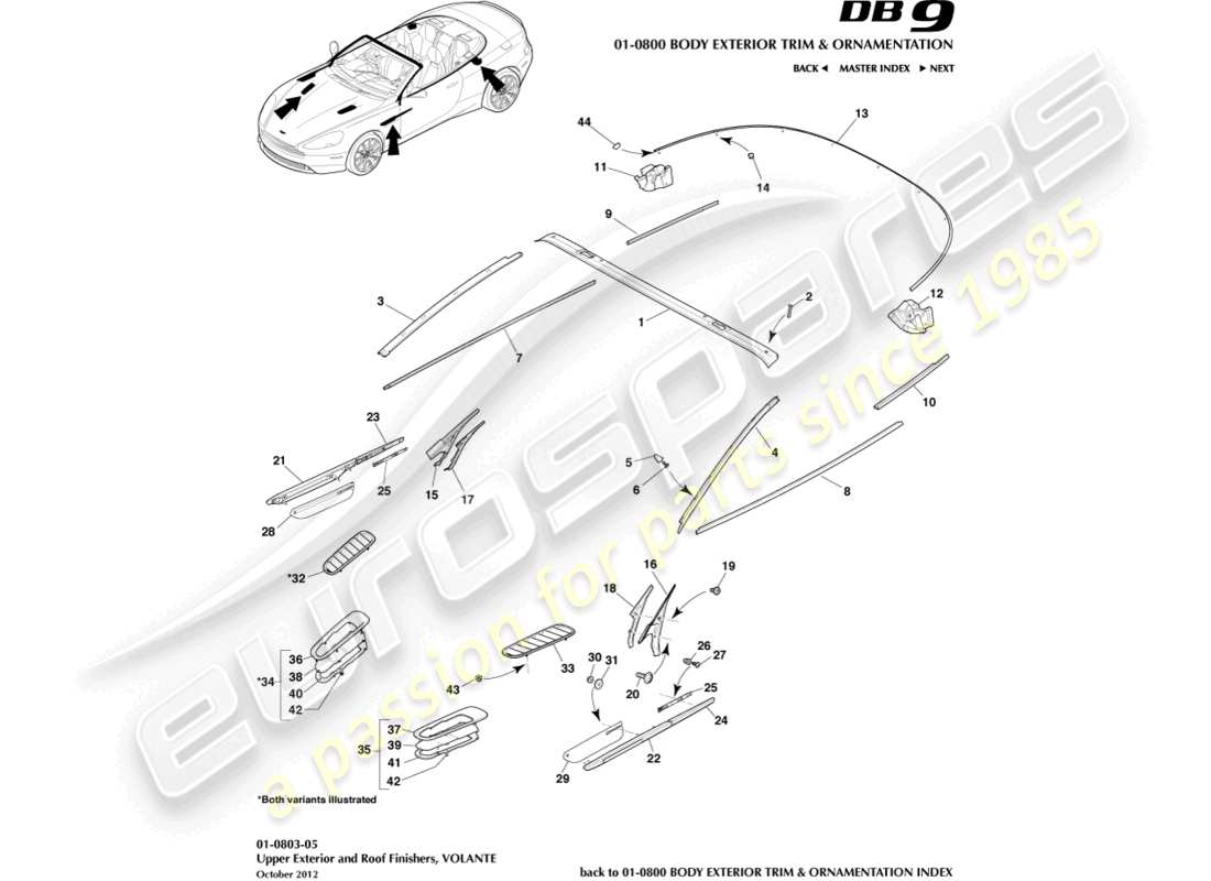 aston martin db9 (2014) upper exterior finishers, volante part diagram