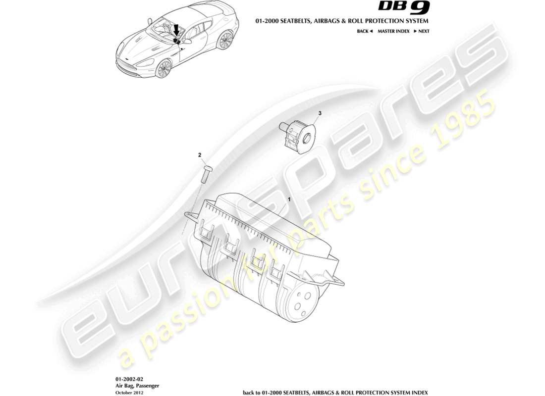 aston martin db9 (2014) airbag, passenger part diagram