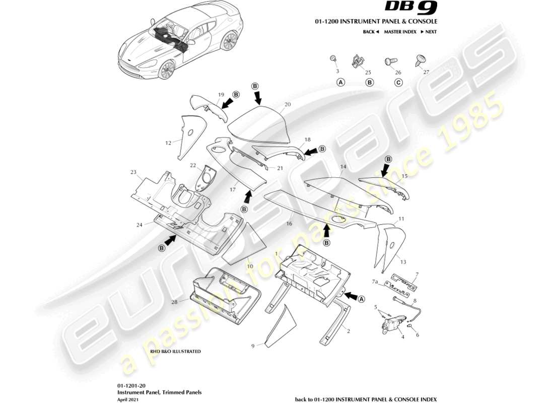 aston martin db9 (2014) ip trimmed panels part diagram