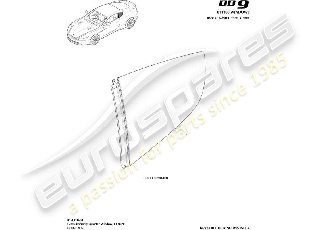 aston martin db9 (2015) rear quarter glass, coupe part diagram