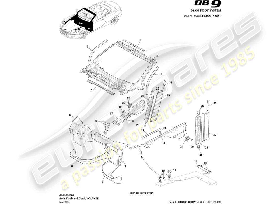 aston martin db9 (2004) body dash and cowl, volante parts diagram