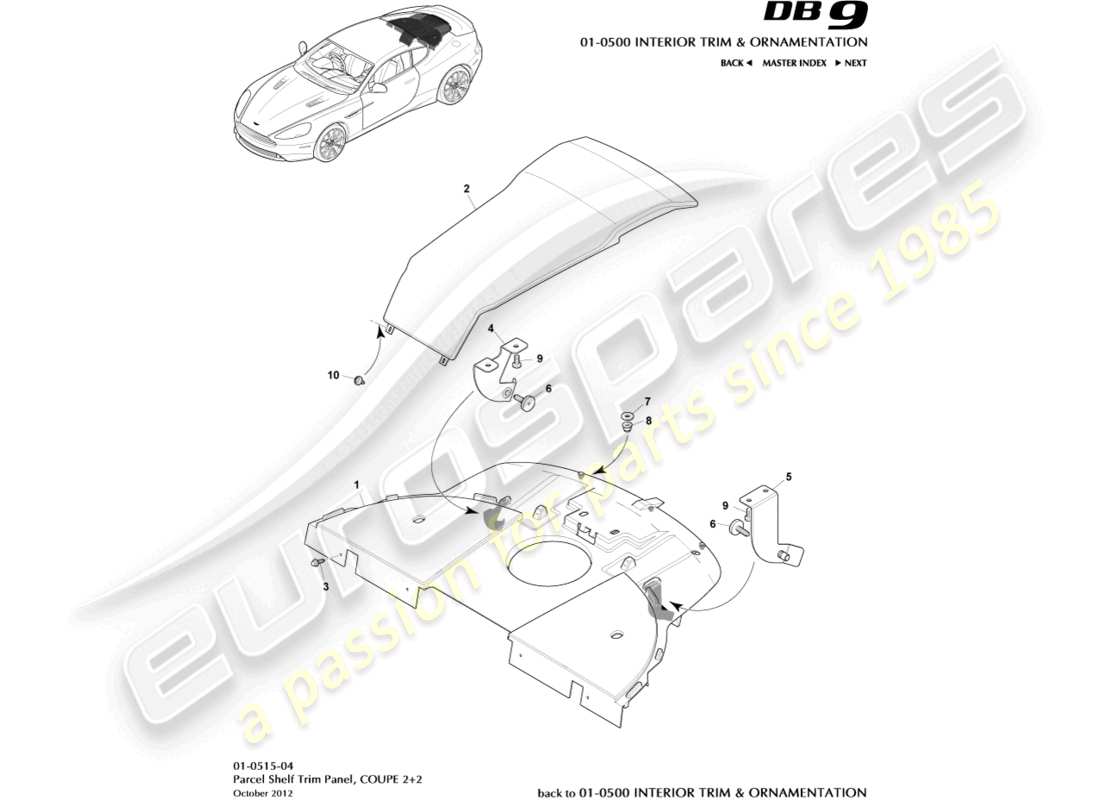 aston martin db9 (2014) parcel shelf trim panel, 2+2 coupe part diagram