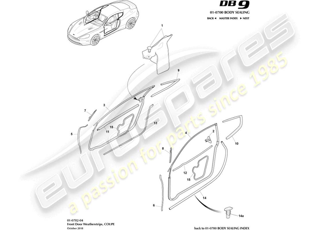 aston martin db9 (2014) door weatherstrips, coupe part diagram