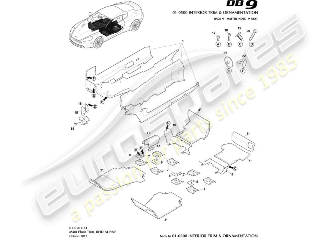 aston martin db9 (2014) main floor trim, rhd, alpine part diagram