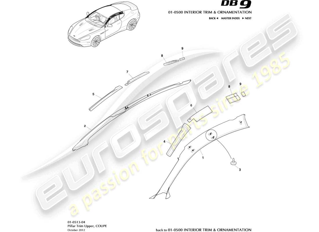 aston martin db9 (2014) pillar trim, upper, coupe part diagram