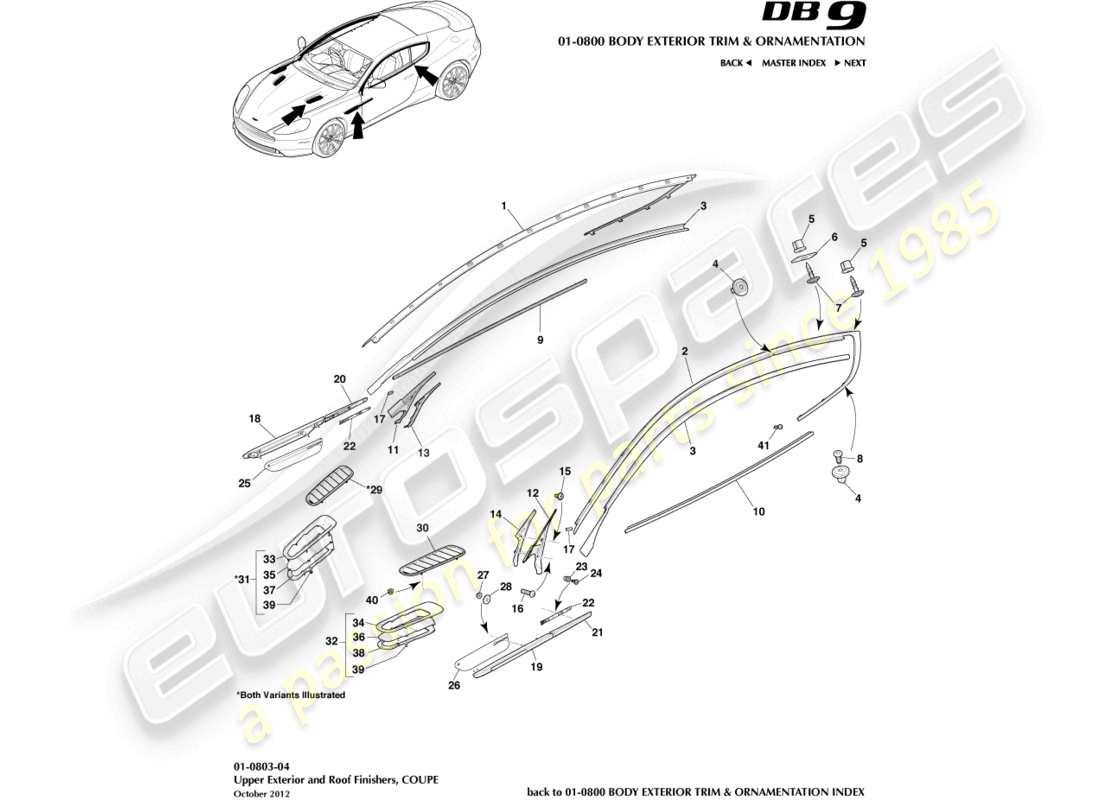 aston martin db9 (2014) upper exterior finishers, coupe part diagram