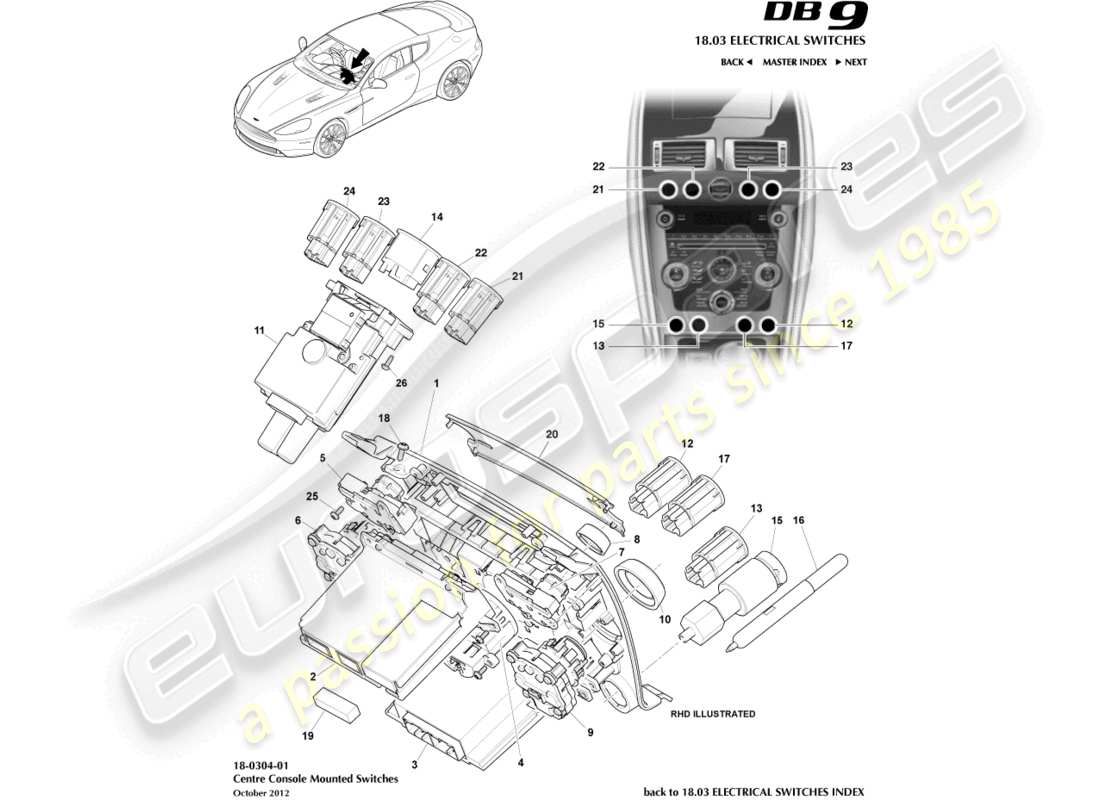 aston martin db9 (2014) centre console switches, to 16my part diagram