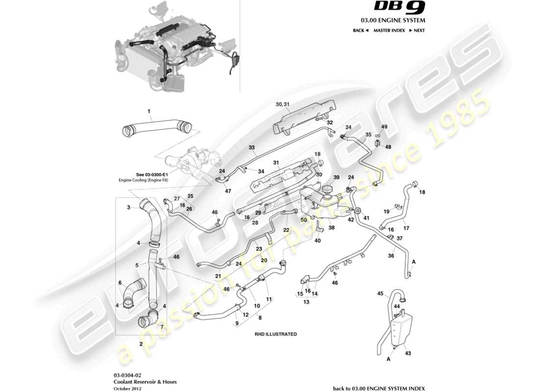 aston martin db9 (2014) coolant reservoir & hoses part diagram