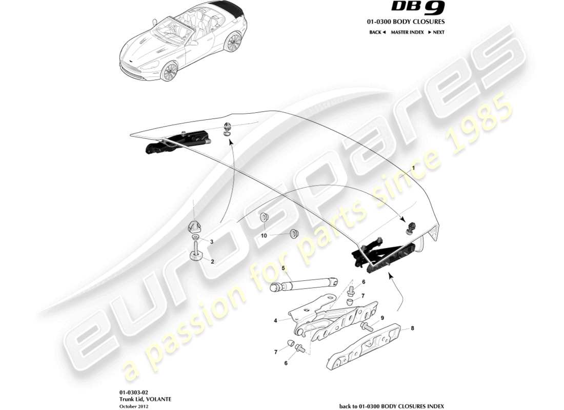 aston martin db9 (2014) trunk lid & hinge, volante part diagram