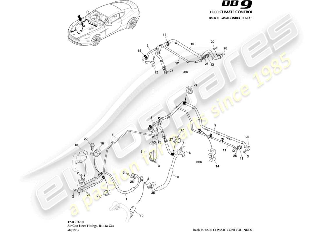 aston martin db9 (2014) air con lines, r134a gas part diagram