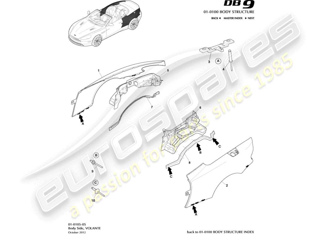 aston martin db9 (2014) body side, volante part diagram