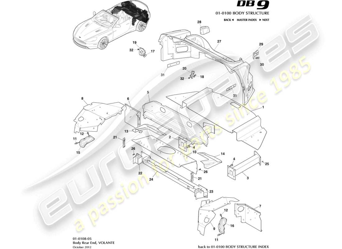 aston martin db9 (2014) body rear end, volante part diagram