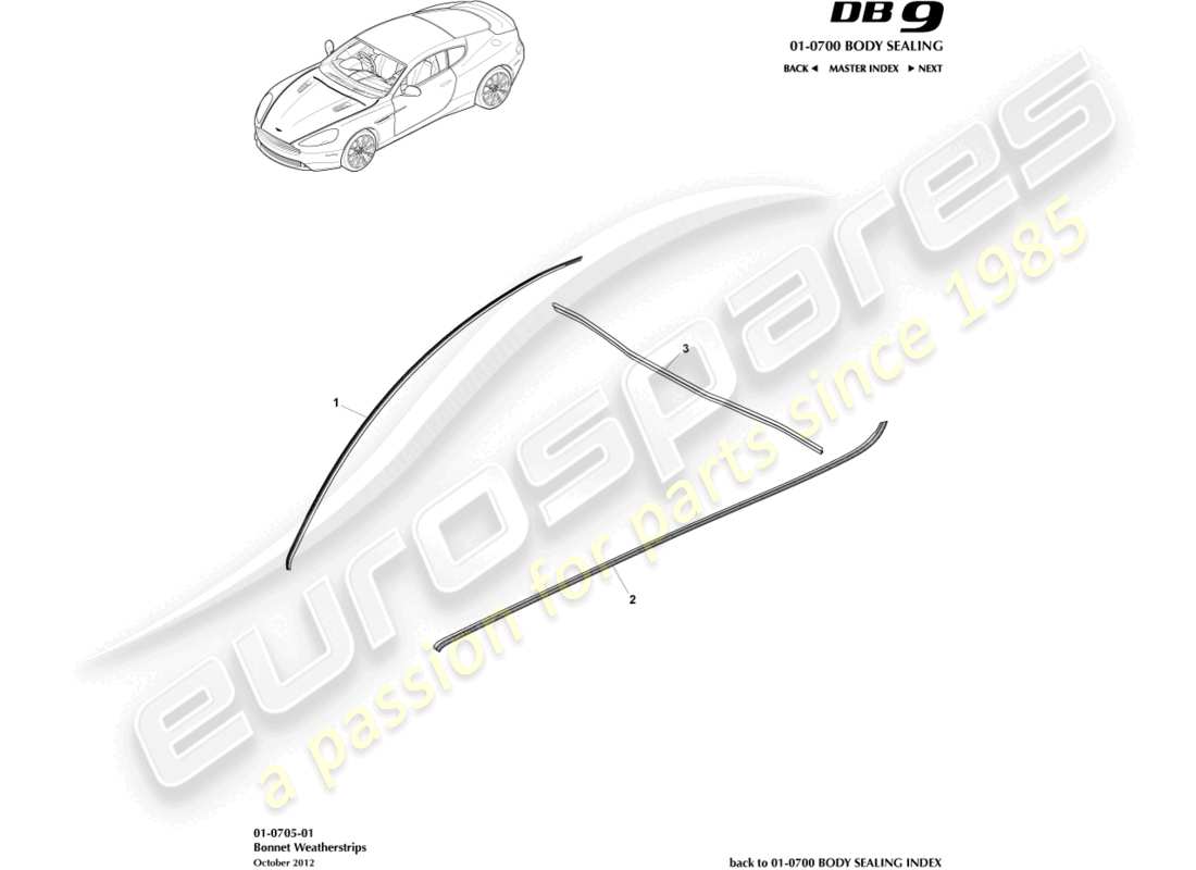 aston martin db9 (2014) bonnet weatherstrips part diagram